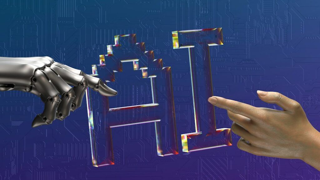Agentes de IA para empresas: mano de robot y mano humana junto al texto AI
