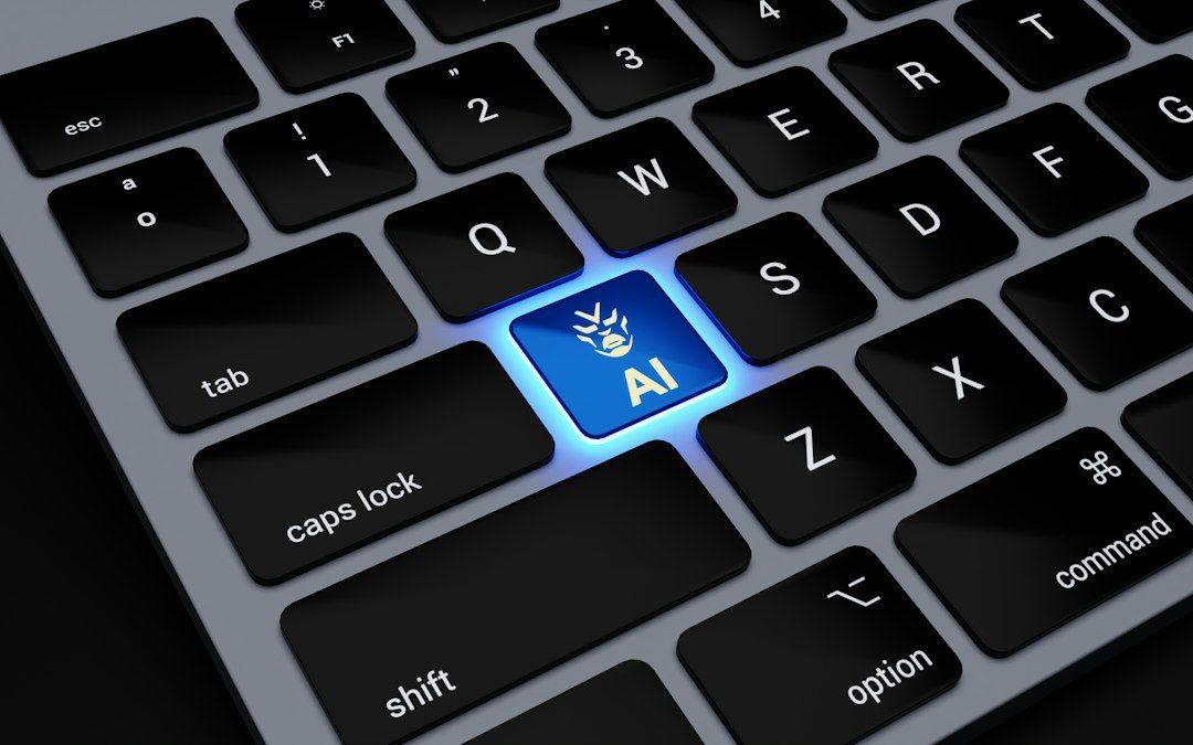 Tecla azul con las letras AI sobre un teclado negro, que simboliza la inteligencia artificial en los buscadores